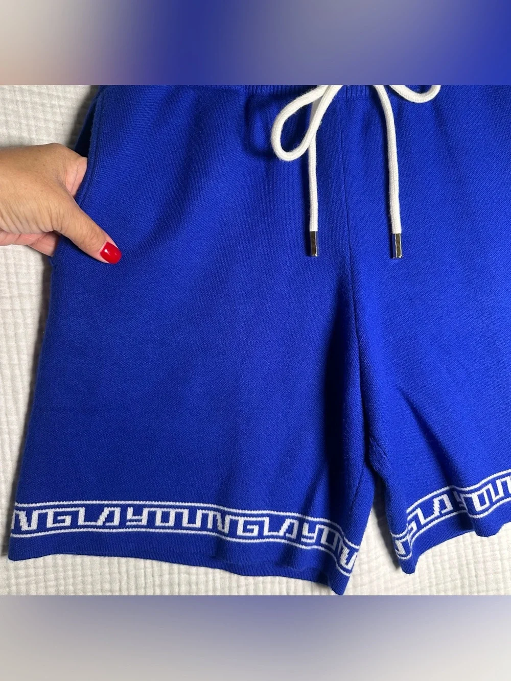 YoungLA Hieroglyphic Knit Shorts 116 Royal Blue Mens LARGE L Greek Key Gym YLA